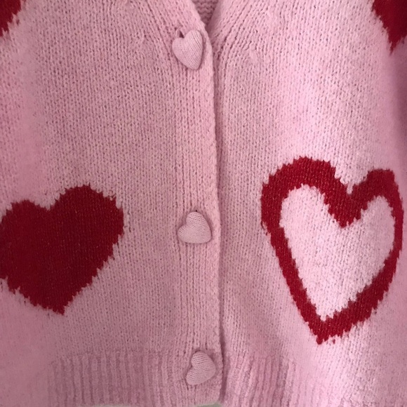 Pink & Red Hearts Printed Slouchy Stretchy Heart Buttoned Cardigan Size S - Picture 5 of 9